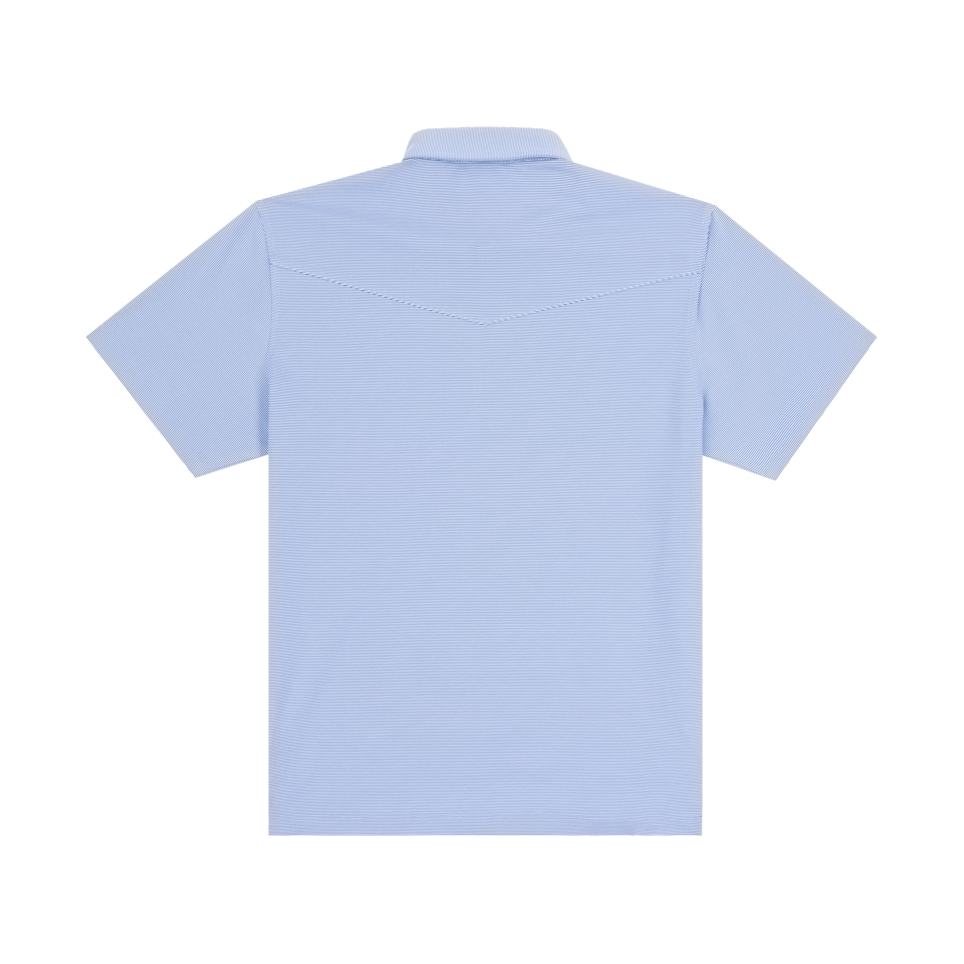 Back view of a light blue fine-striped short-sleeve polo shirt with western yoke seam