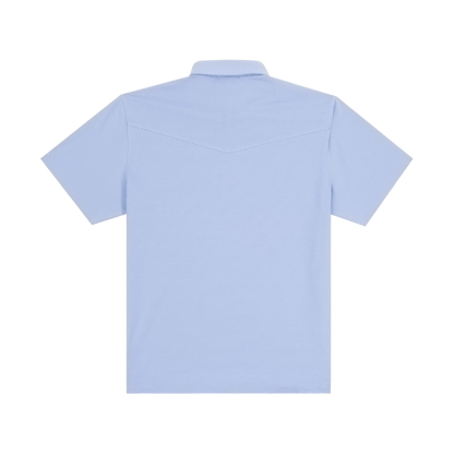 Back view of a light blue fine-striped short-sleeve polo shirt with western yoke seam