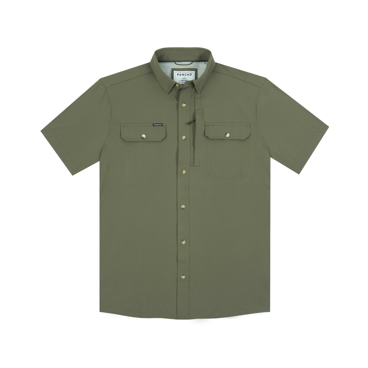 Olive green short sleeve button-up shirt with dual chest pockets and snap buttons