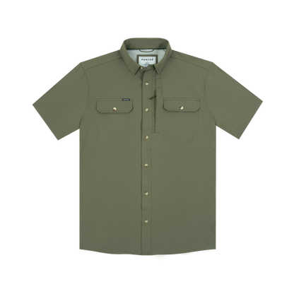 Olive green short sleeve button-up shirt with dual chest pockets and snap buttons