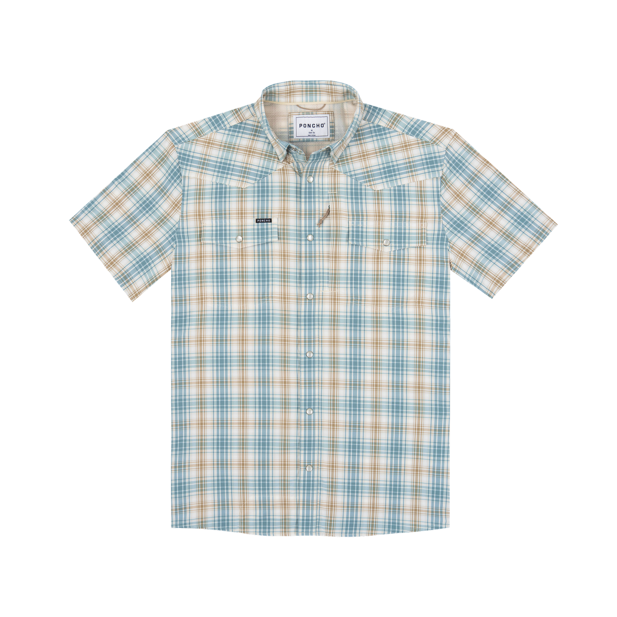 Poncho Outdoors men's short-sleeve plaid western shirt with pearl snaps and chest pockets
