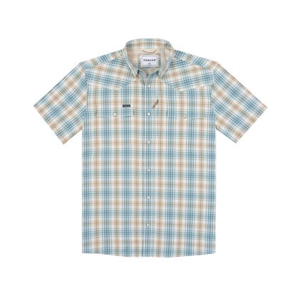Poncho Outdoors men's short-sleeve plaid western shirt with pearl snaps and chest pockets