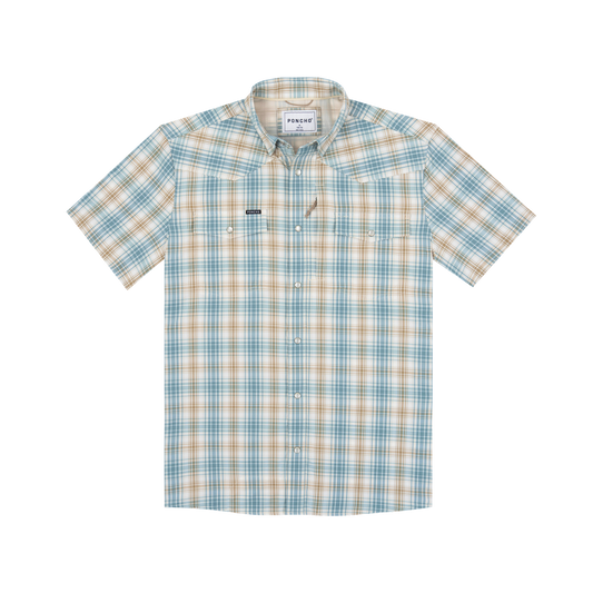 Poncho Outdoors men's short-sleeve plaid western shirt with pearl snaps and chest pockets