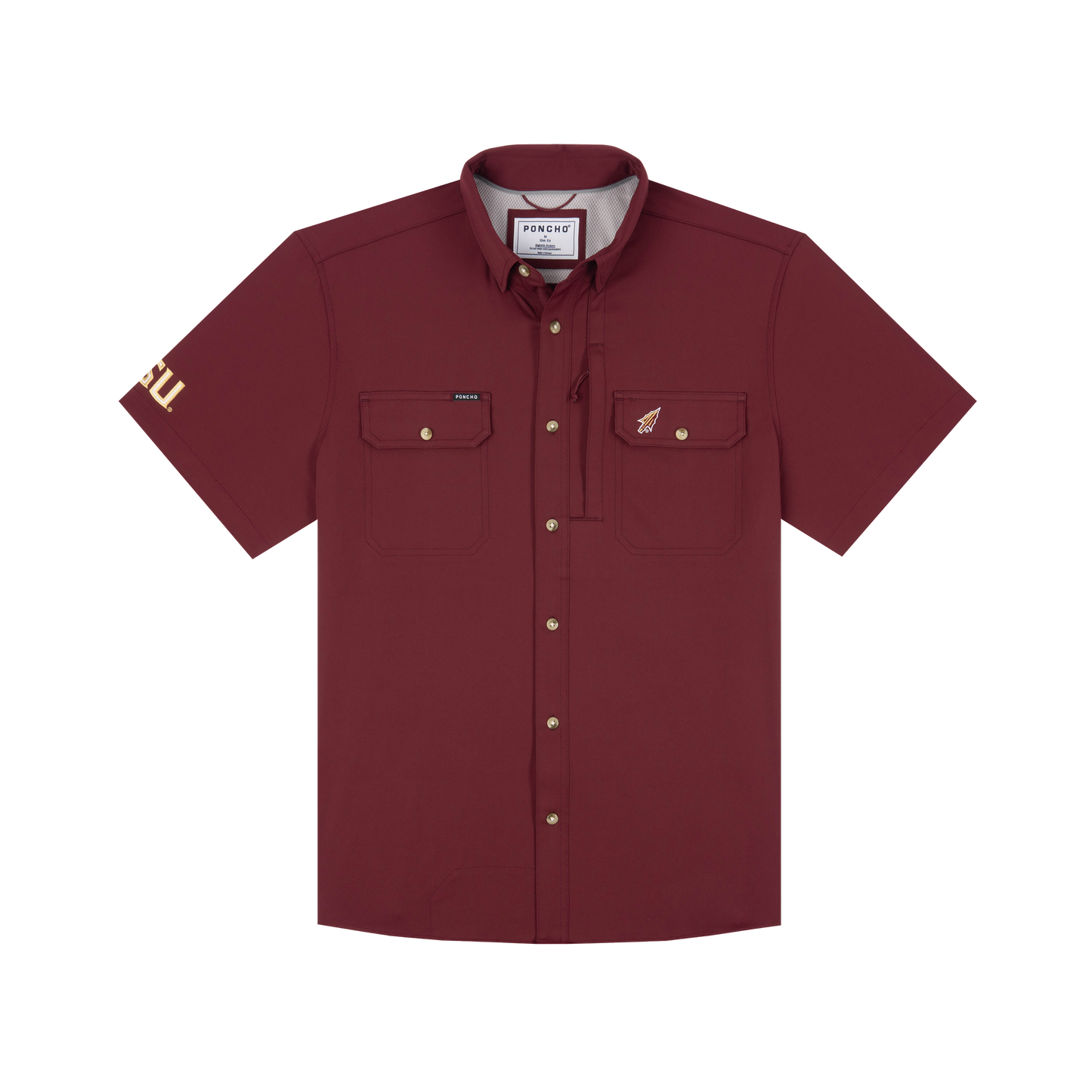 Garnet short-sleeve button-down shirt with chest pockets and FSU logo on sleeve