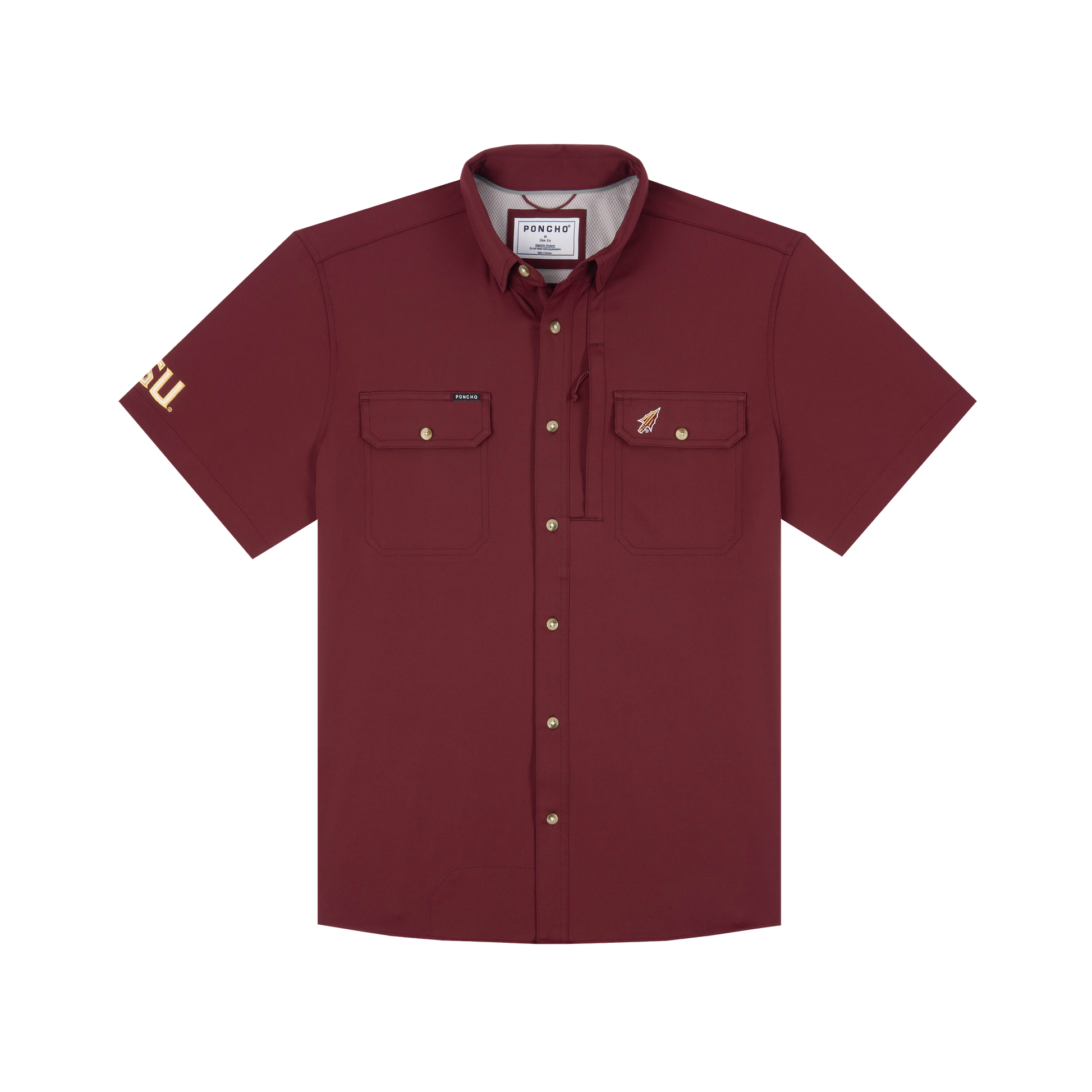 Garnet short-sleeve button-down shirt with chest pockets and FSU logo on sleeve