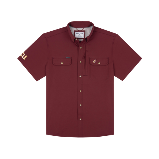 Garnet short-sleeve button-down shirt with chest pockets and FSU logo on sleeve