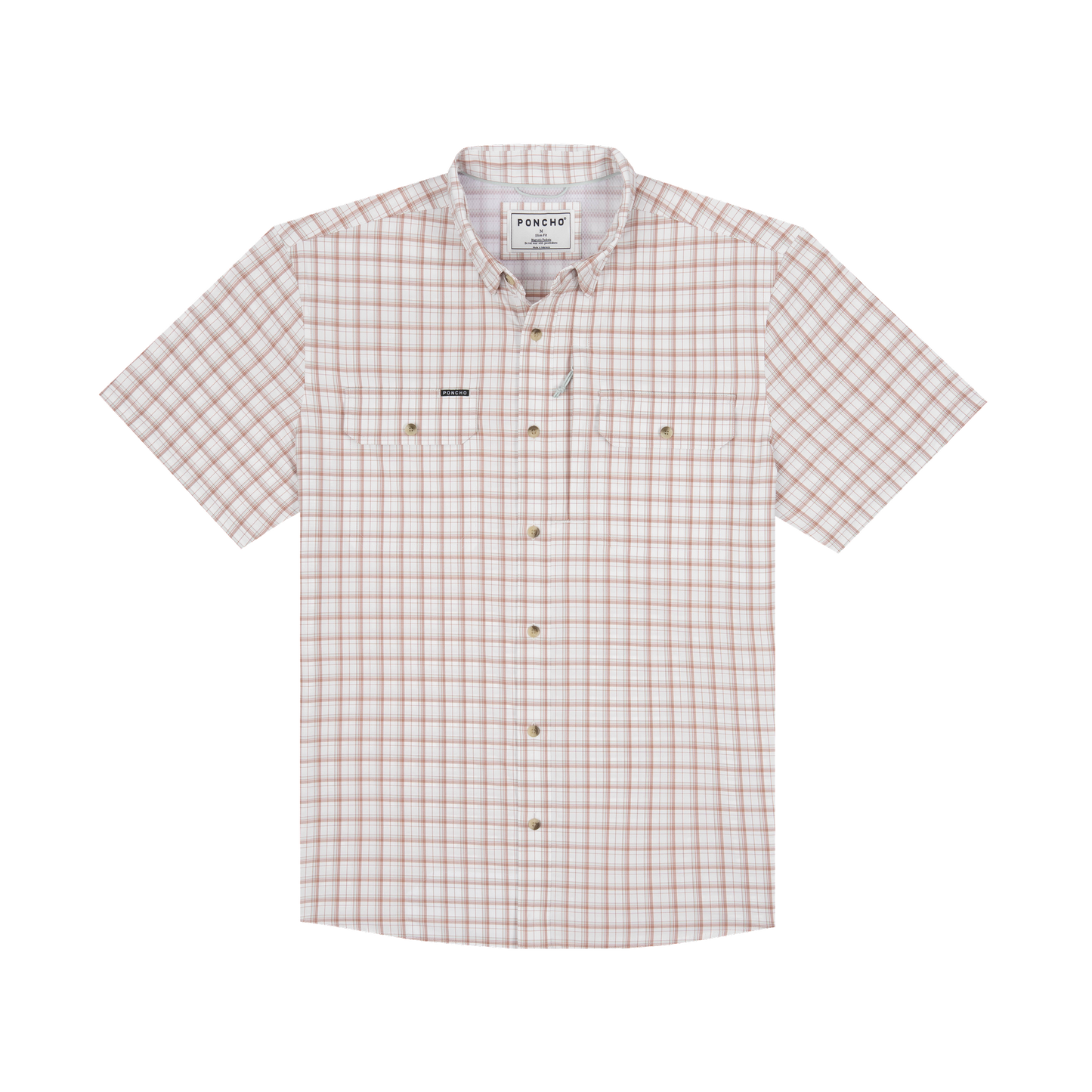 Men's short sleeve plaid button-up shirt in white, maroon, and aqua with chest pockets