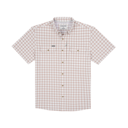 Men's short sleeve plaid button-up shirt in white, maroon, and aqua with chest pockets