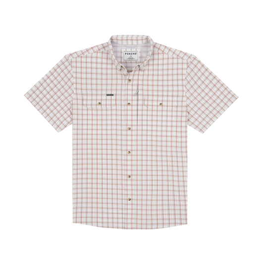 Men's short sleeve plaid button-up shirt in white, maroon, and aqua with chest pockets