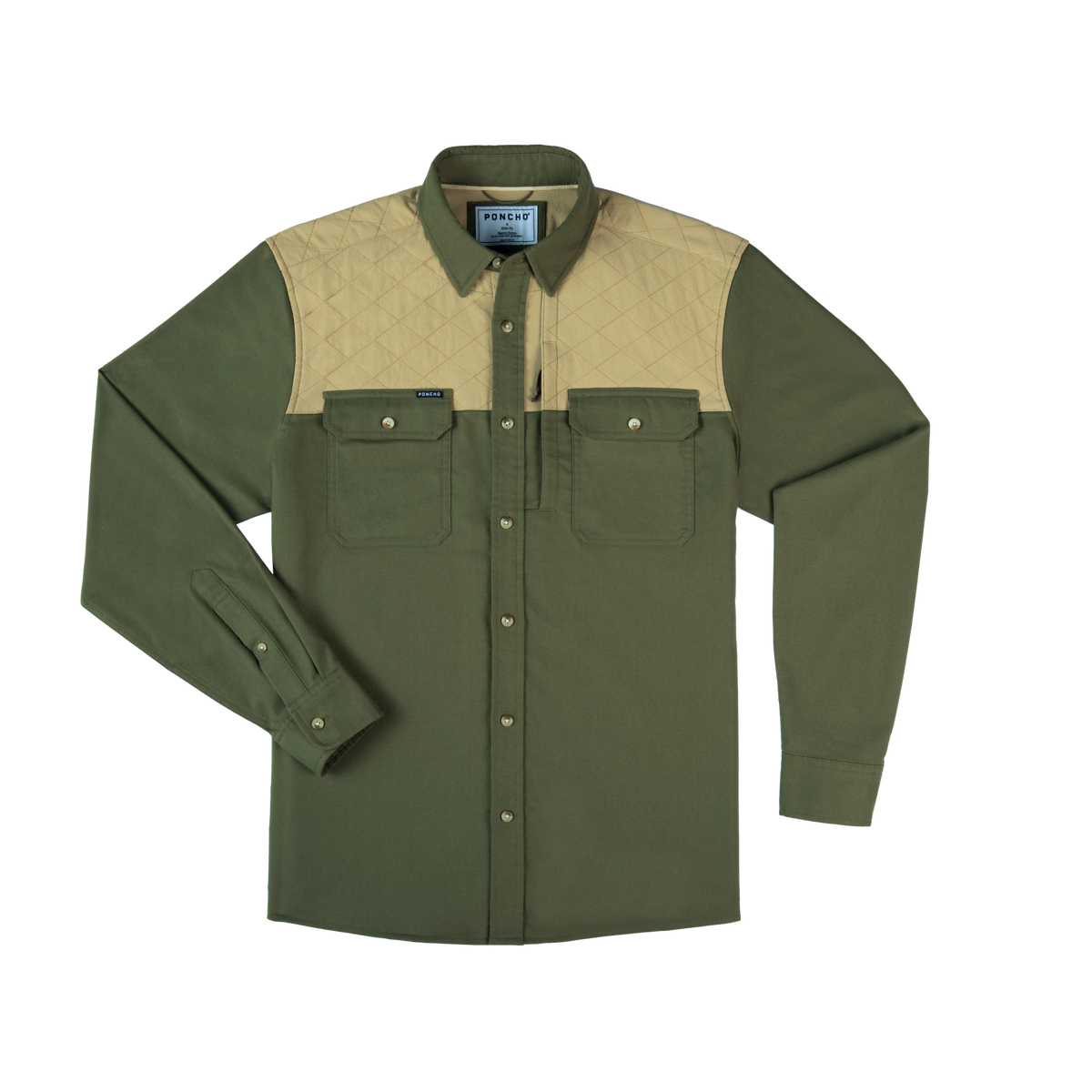 Moss green and tan quilted shoulder long sleeve button-up flannel shirt by Poncho