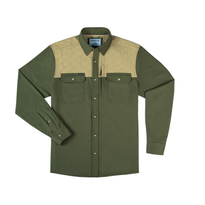 Moss green and tan quilted shoulder long sleeve button-up flannel shirt by Poncho