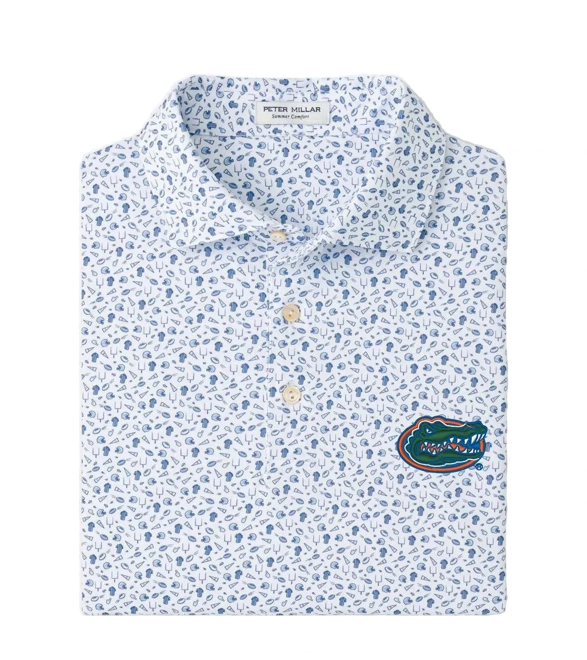 Peter Millar white polo with blue football print and Florida Gators logo patch