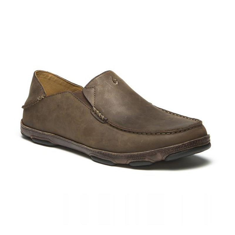 Brown leather slip-on loafer with moc toe stitching and rubber outsole
