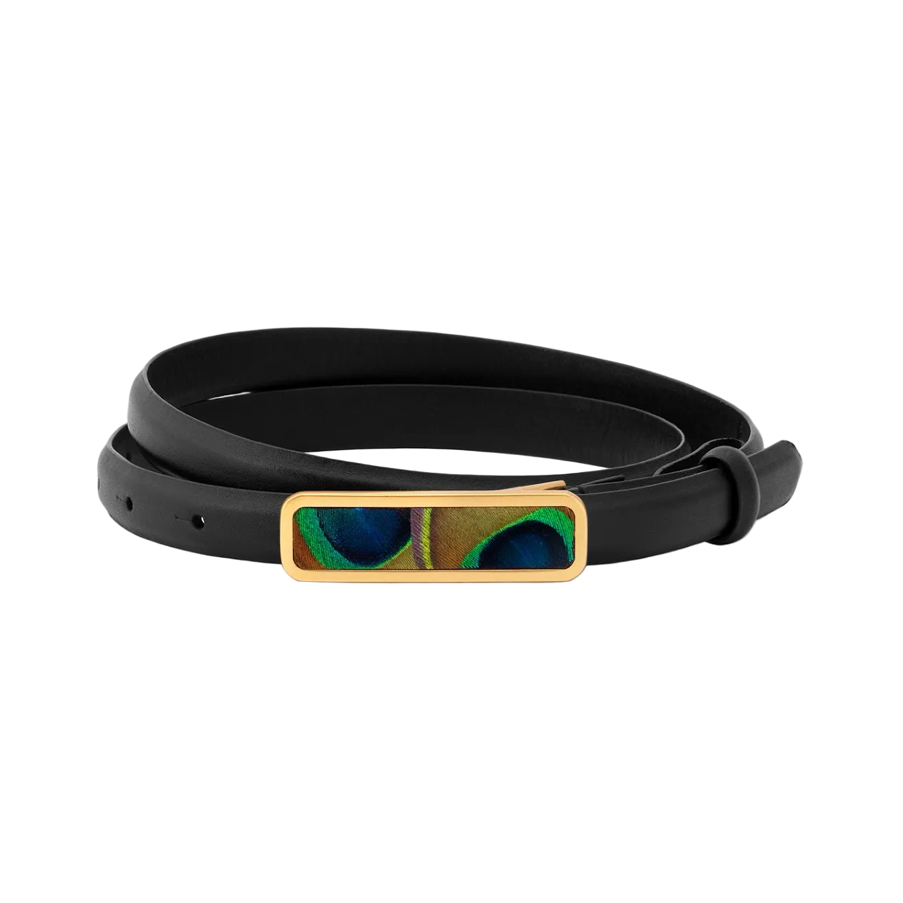 Black leather belt with gold rectangular buckle featuring peacock feather inlay