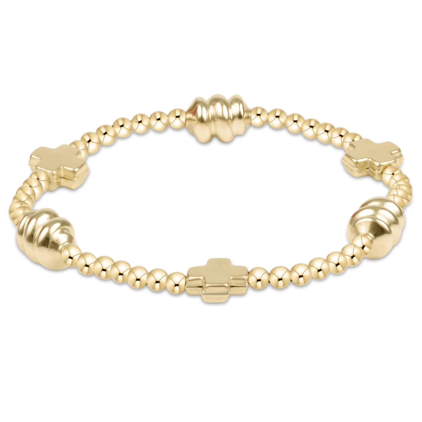 Gold beaded stretch bracelet with cross charms and heart accents in 14kt gold-filled