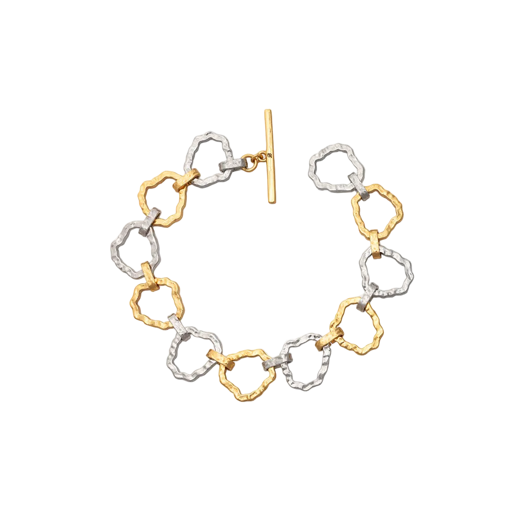 Two-toned gold and silver hammered open-link chain bracelet with toggle clasp