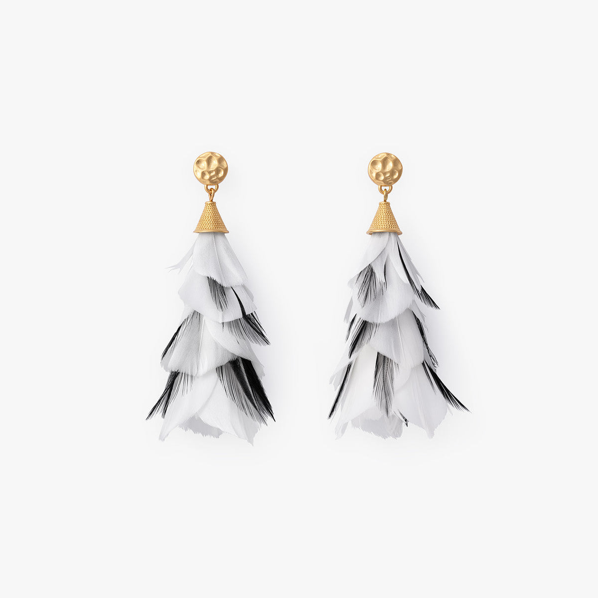 White and black feather drop earrings with gold hammered stud and cone cap