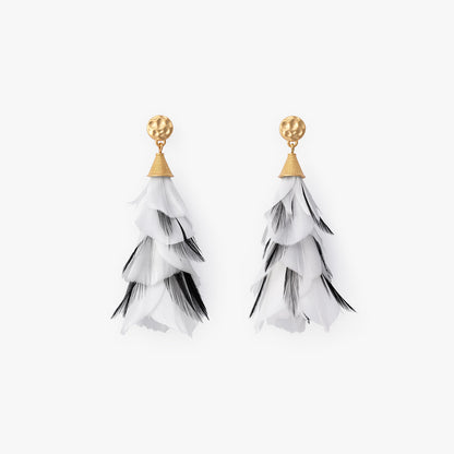 White and black feather drop earrings with gold hammered stud and cone cap