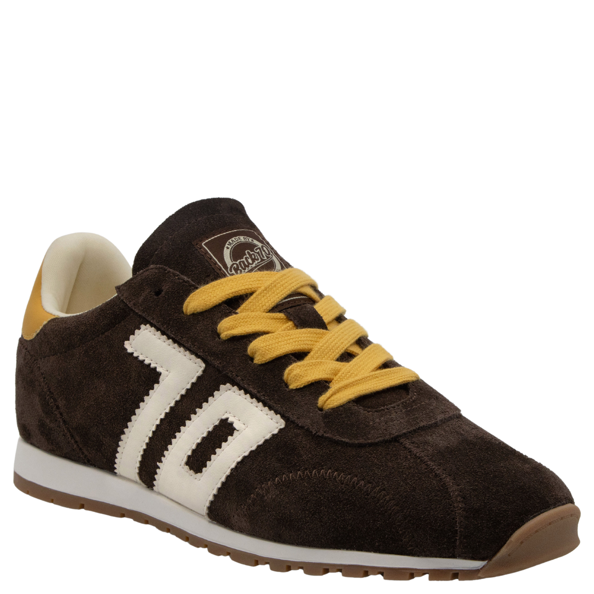Brown suede retro sneaker with white stripe detail and mustard yellow laces