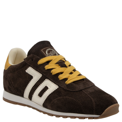 Brown suede retro sneaker with white stripe detail and mustard yellow laces