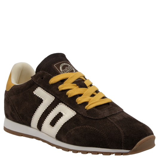 Brown suede retro sneaker with white stripe detail and mustard yellow laces
