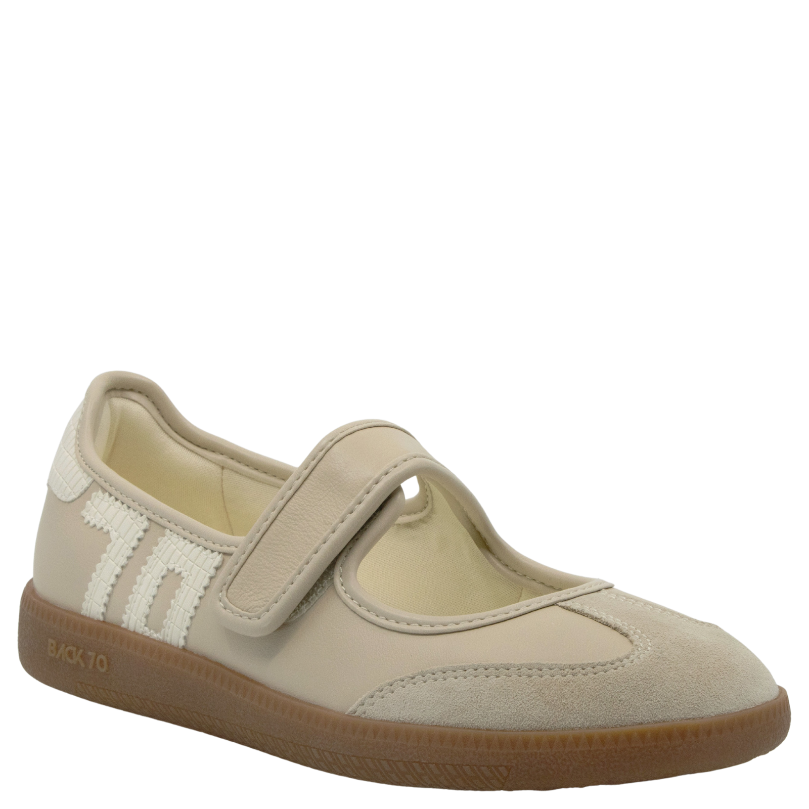 Beige Mary-Jane sneaker with velcro strap, suede toe cap, and gum rubber sole