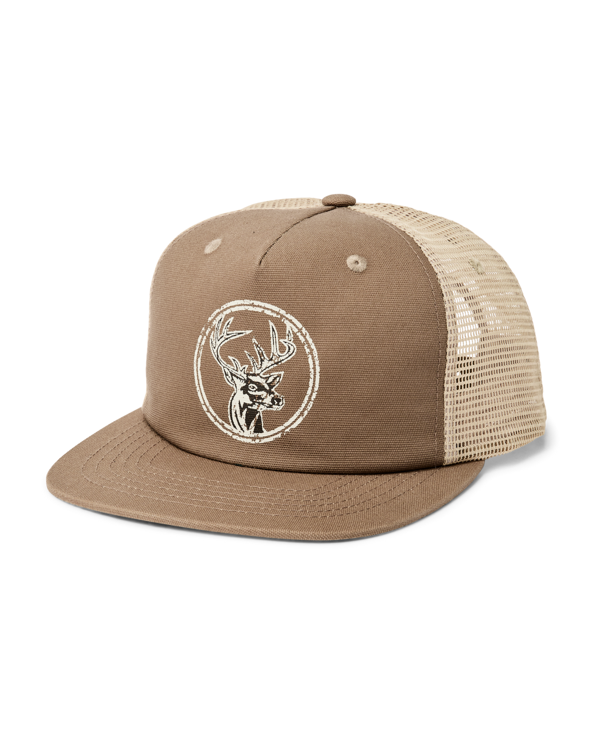 Brown cotton trucker cap with mesh back and embroidered buck graphic on front