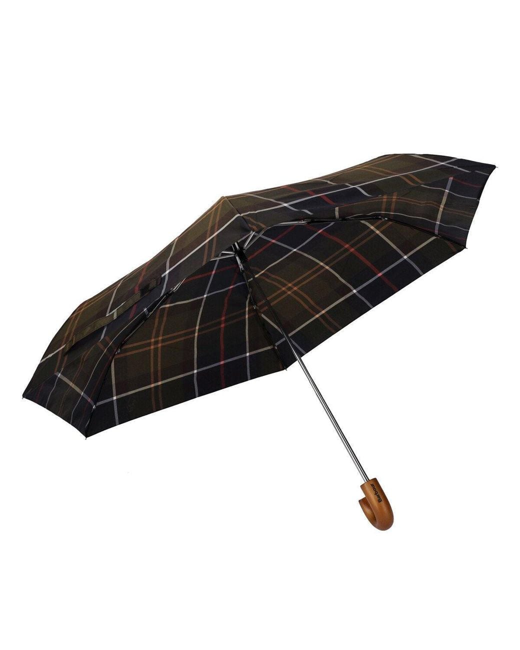 Barbour tartan plaid compact folding umbrella with wooden handle open view