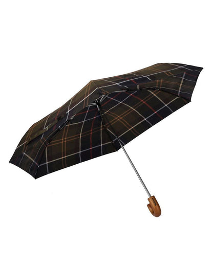 Barbour tartan plaid compact folding umbrella with wooden handle open view