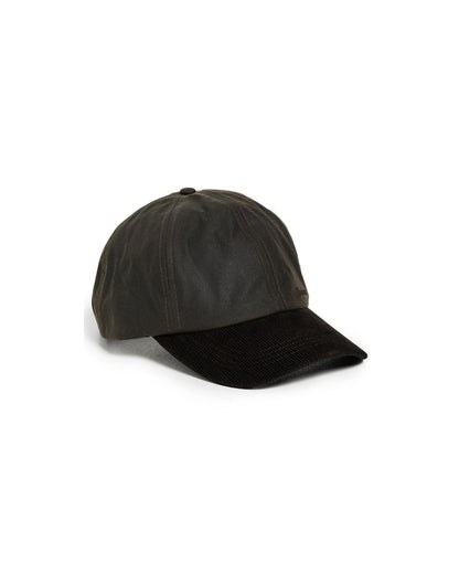 Barbour Ashby baseball cap in olive waxed cotton with black corduroy brim
