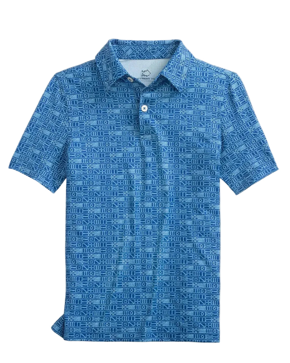 Boys blue short-sleeve polo shirt with all-over nautical flags print pattern