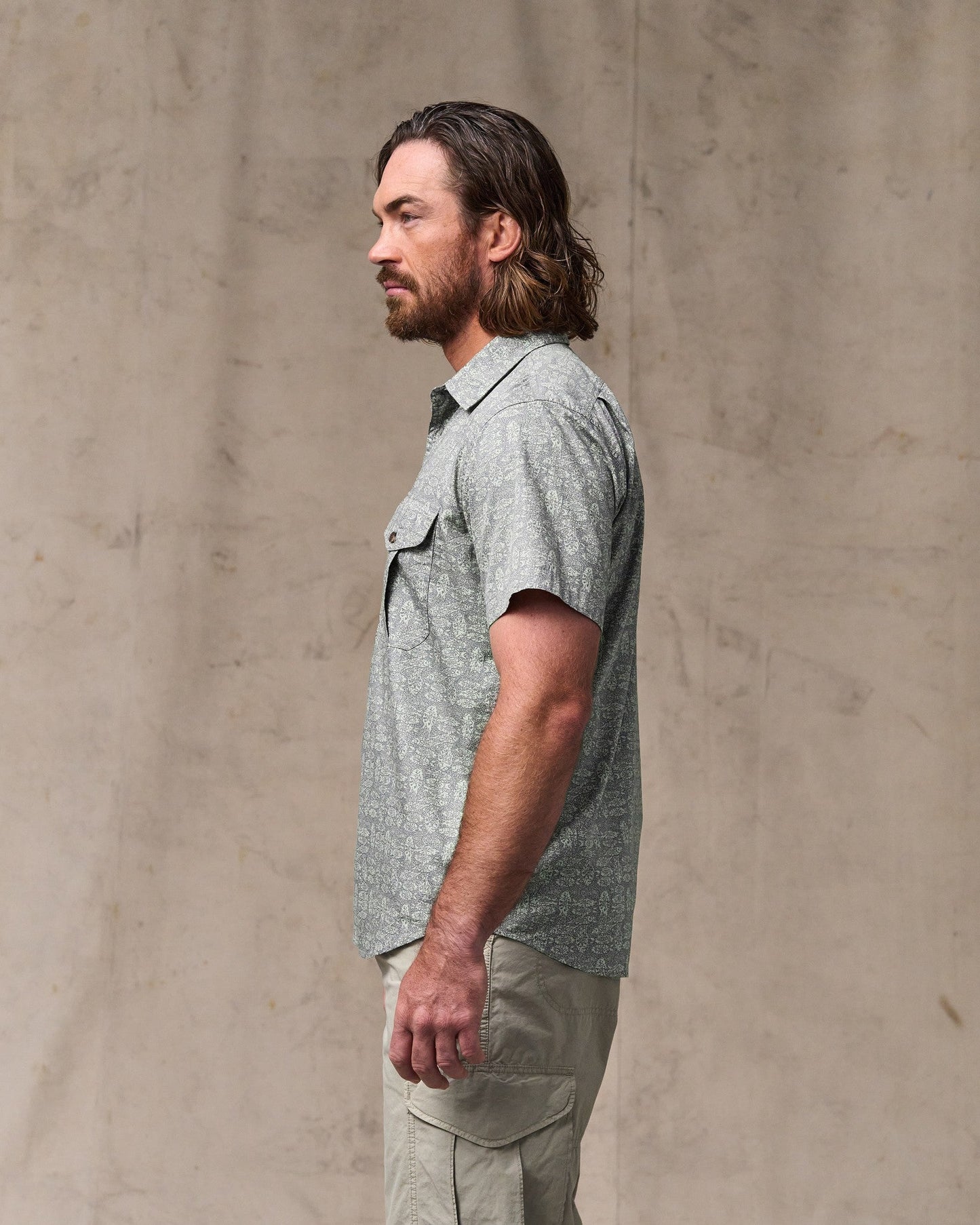 Washed SS Feather Cloth Shirt Khaki Print