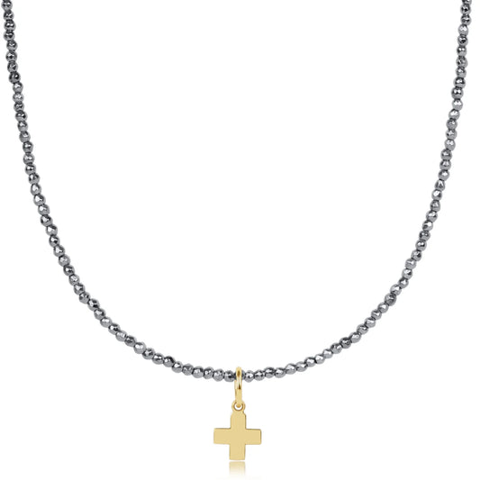 15" Choker Silver Faceted Hematite 2mm Bead Signature Cross Gold Charm