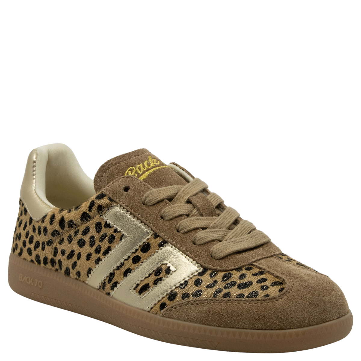 Women's leopard print suede sneaker with gold metallic side stripe and gum sole