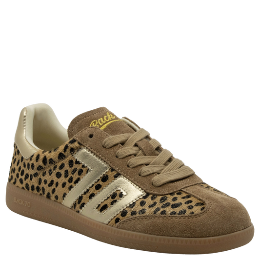 Women's leopard print suede sneaker with gold metallic side stripe and gum sole
