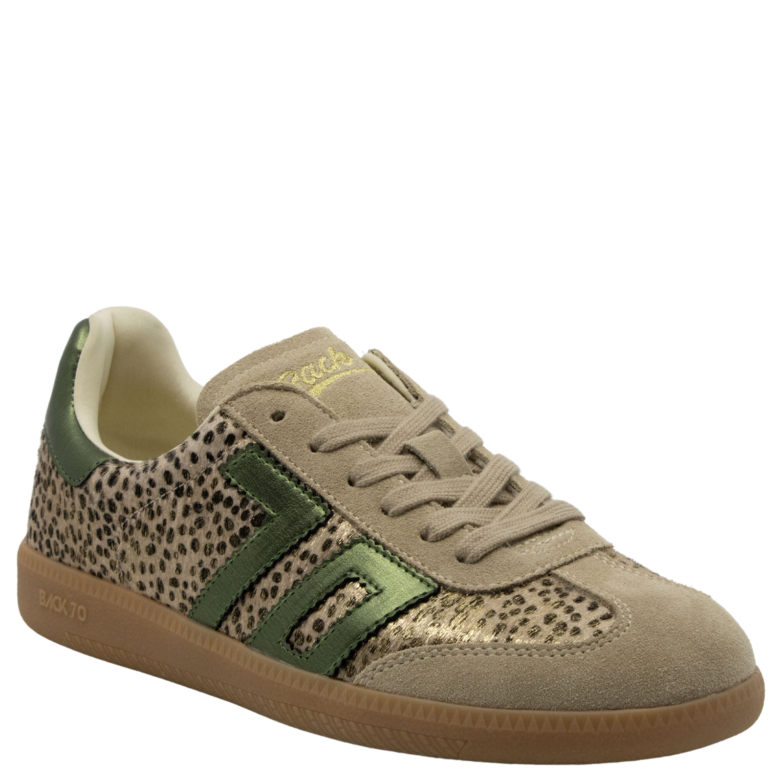 Back70 Cloud W26 beige suede sneaker with cheetah print and green metallic stripe