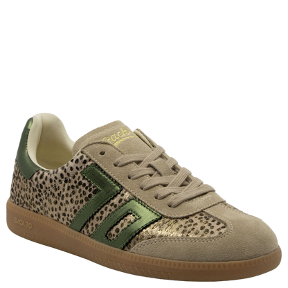 Back70 Cloud W26 beige suede sneaker with cheetah print and green metallic stripe