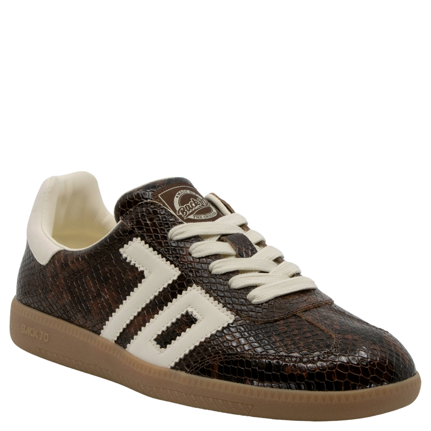Brown snake-embossed leather low-top sneaker with cream stripes and gum sole