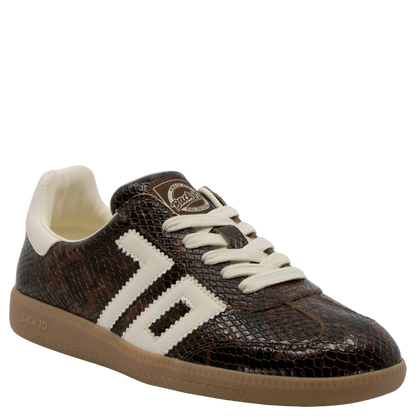 Brown snake-embossed leather low-top sneaker with cream stripes and gum sole