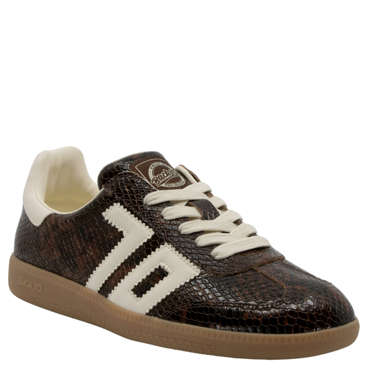 Brown snake-embossed leather low-top sneaker with cream stripes and gum sole
