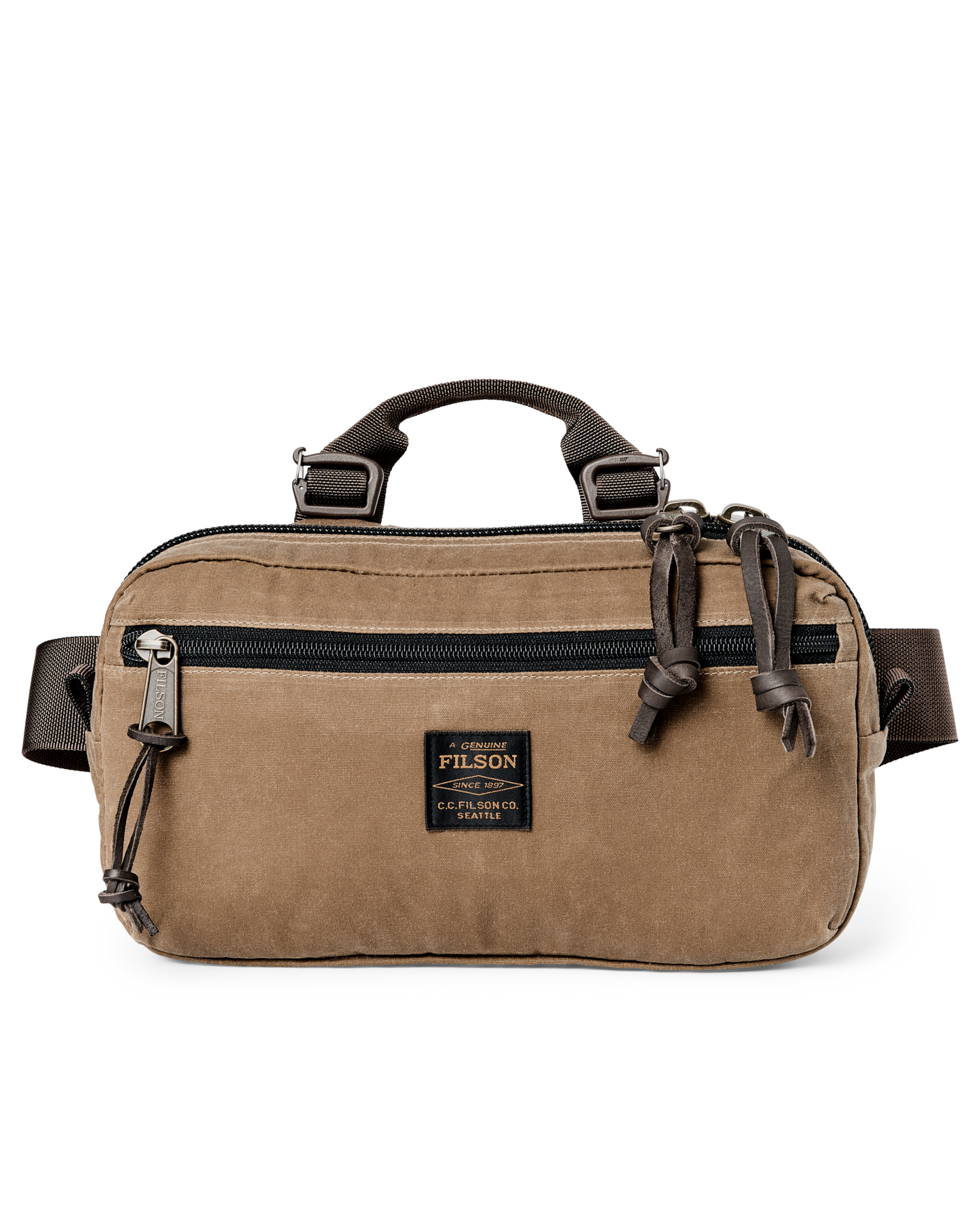 Filson Trapper Creek tan waxed canvas waistpack with black zippers and leather pulls