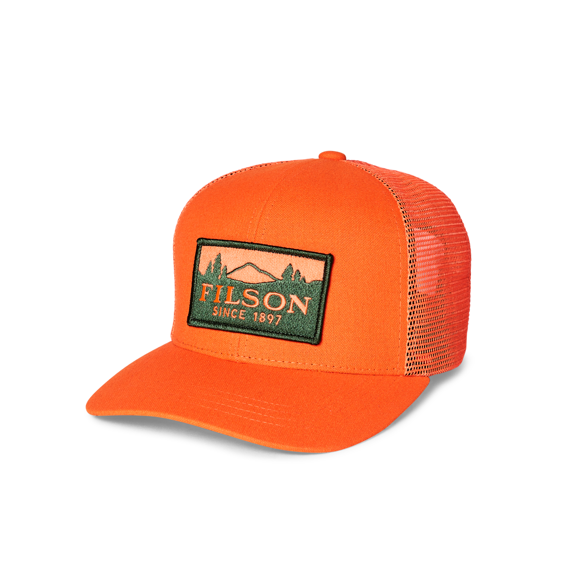 Filson Logger Mesh trucker cap in blaze orange with embroidered scenic logo patch