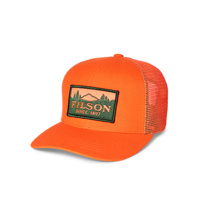 Filson Logger Mesh trucker cap in blaze orange with embroidered scenic logo patch