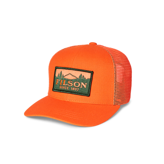 Filson Logger Mesh trucker cap in blaze orange with embroidered scenic logo patch