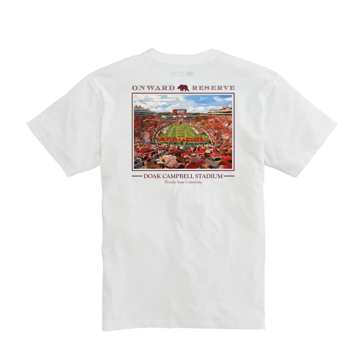 White short-sleeve tee back view with Doak Campbell Stadium graphic print and Onward Reserve branding