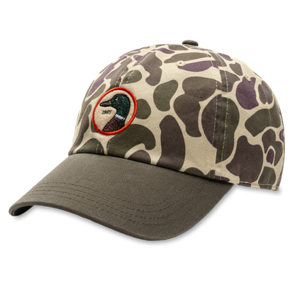 Camouflage cotton twill dad hat with embroidered mallard duck circle patch and olive brim
