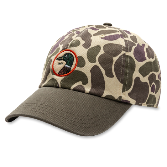 Camouflage cotton twill dad hat with embroidered mallard duck circle patch and olive brim
