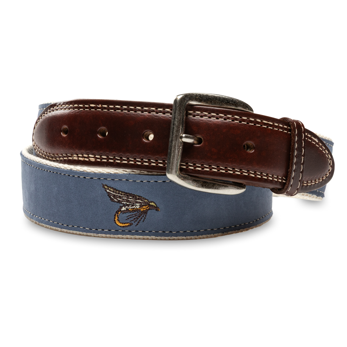 Blue nubuck leather belt with fly fishing embroidery and brown leather buckle end