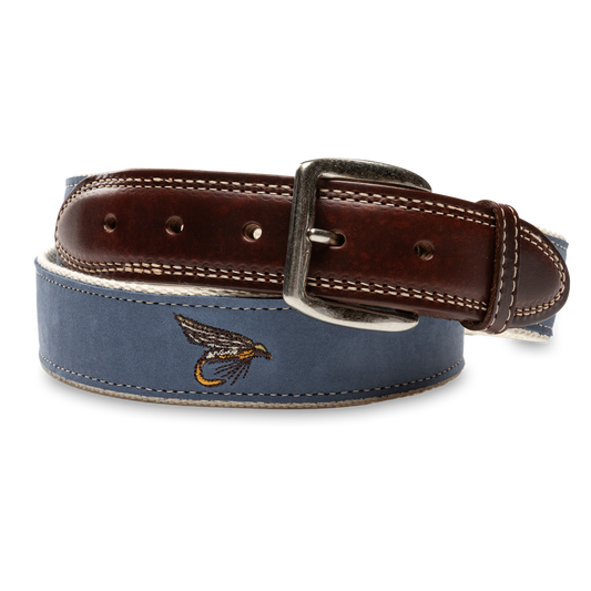 Blue nubuck leather belt with fly fishing embroidery and brown leather buckle end