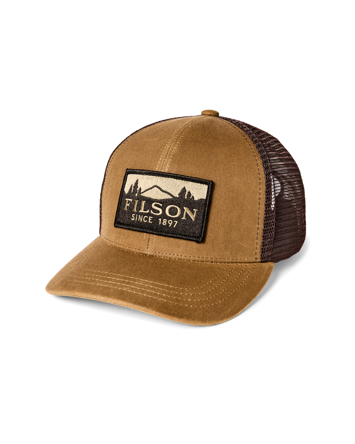 Filson waxed canvas trucker cap in dark khaki with brown mesh back and logo patch